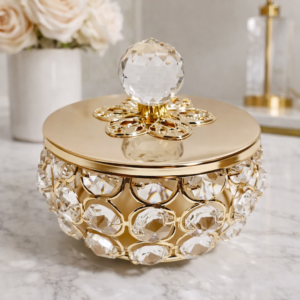 Złota szkatułka dekoracyjna z kryształkami 10 cm – elegancki pojemnik glamour
