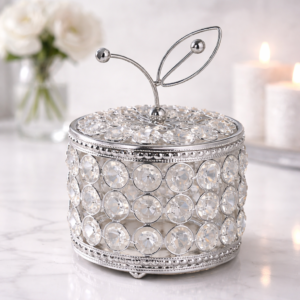 Srebrny pojemnik dekoracyjny z kryształkami 18 cm – elegancka szkatułka glamour